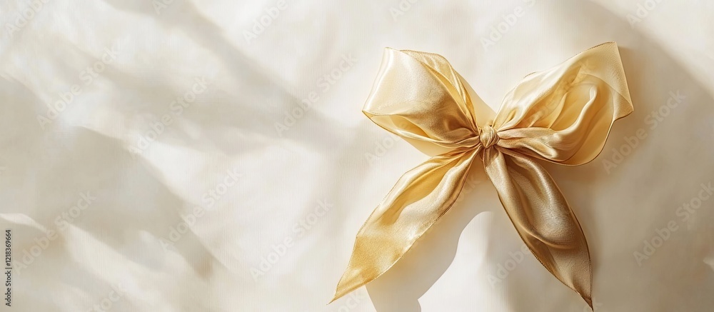 Aufkleber elegant golden ribbon and bow centered on a soft white fabric background with gentle light reflectio