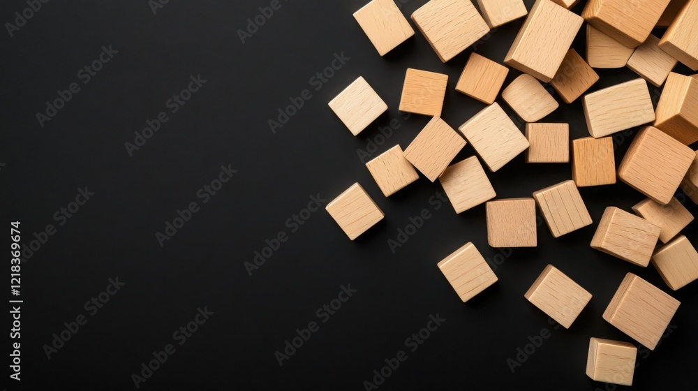 Poster wooden toy blocks scattering outward in a chaotic pattern, creating a playful scene