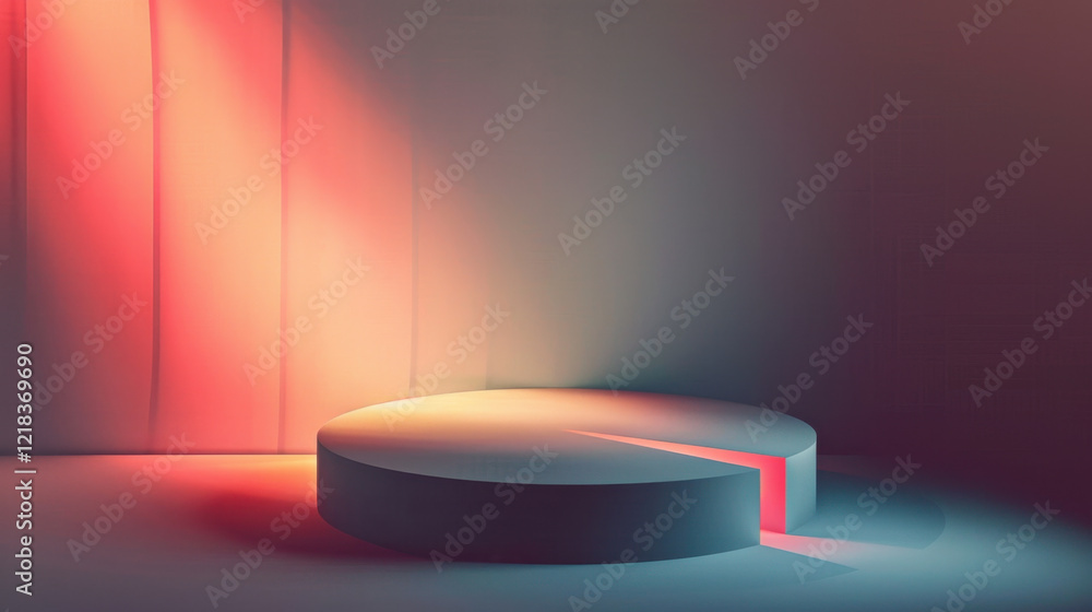 Poster modern circular podium with soft lighting and split design, creating serene atmosphere. gradient col