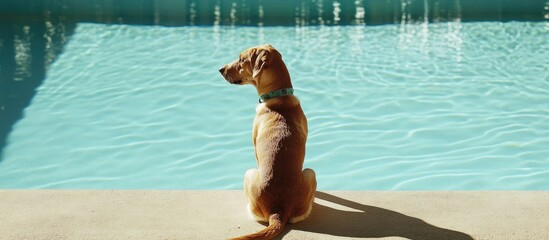 Playful brown dog sitting by the edge of a blue swimming pool gazing thoughtfully at the water with sunlight casting shadows on the concrete.