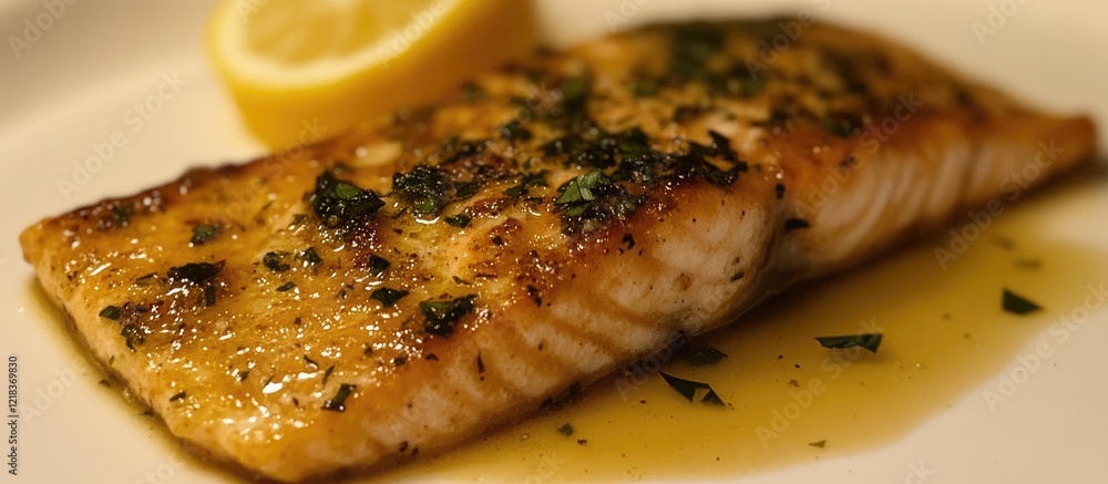 Poster golden brown pan-fried salmon fillet garnished with herbs and a lemon wedge on a pristine white plat