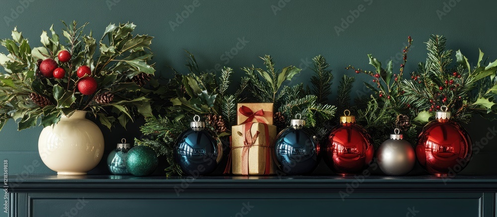 Poster vibrant display of festive greenery and colorful ornaments on a dark green mantel with red and gold 