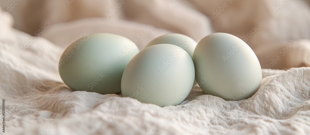Poster softly lit farm fresh eggs in pale blue hues arranged on a textured, cream-colored fabric with a gen