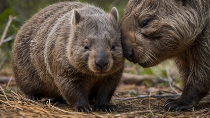 Fototapeta premium Mother Northern Hairy-Nosed Wombat with Baby: A Tender Moment