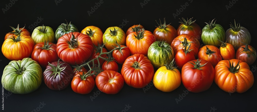 Poster vibrant assorted heirloom tomatoes in various colors arranged neatly against a solid black backgroun
