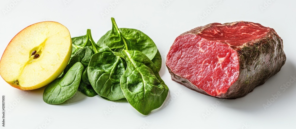 Poster fresh green spinach beside a red apple slice and a cut of raw beef on a pristine white background, e