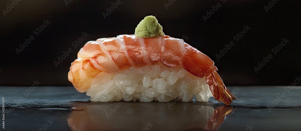 Poster sushi with shrimp atop sticky rice garnished with wasabi on a dark surface showcasing vibrant colors