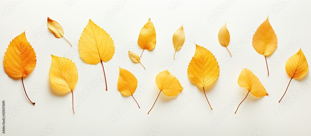 Poster autumn leaves in various shapes and sizes arranged in a horizontal line on a white background, showc