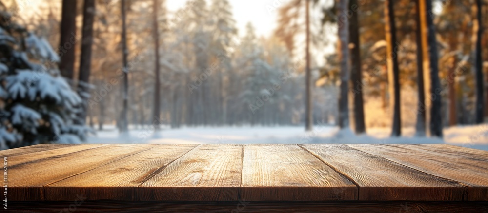 Leinwandbilder serene empty wooden table foreground with a blurred snowy forest backdrop featuring warm golden sunl