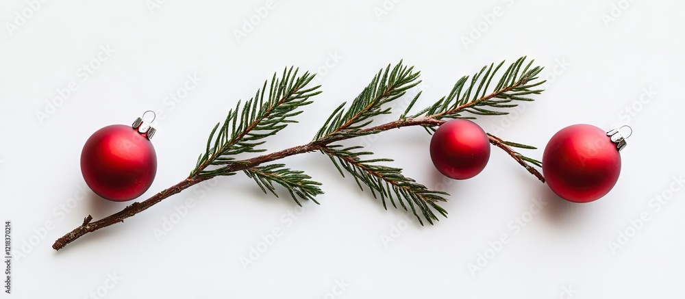 Poster christmas tree branch with three shiny red baubles nestled among green needles on a white background
