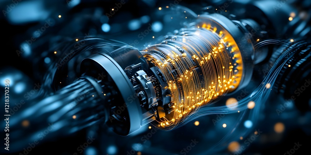 Poster a close-up view of a futuristic mechanical device or engine component, featuring glowing elements an