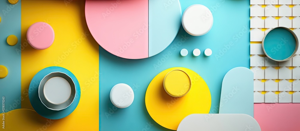 Aufkleber vibrant geometric shapes in cyan yellow magenta and white arranged on a flat surface create a modern