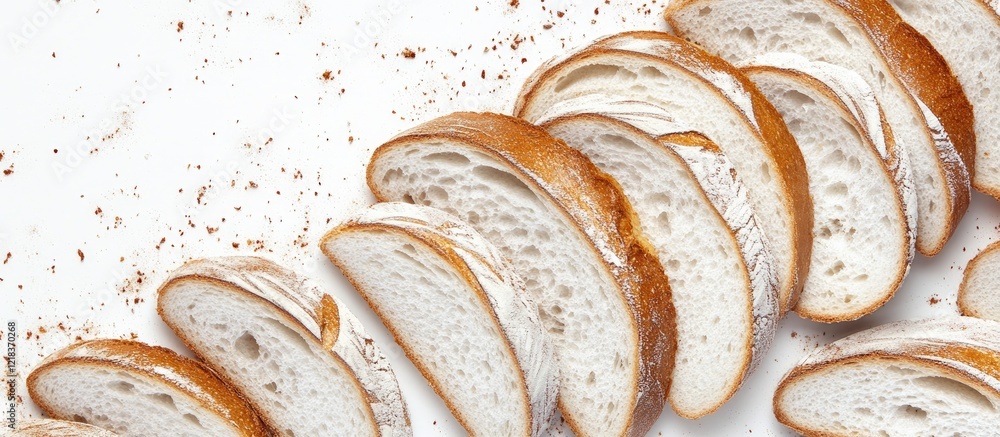 Poster sliced bread arranged diagonally on a clean white background showcasing golden-brown crust and soft 