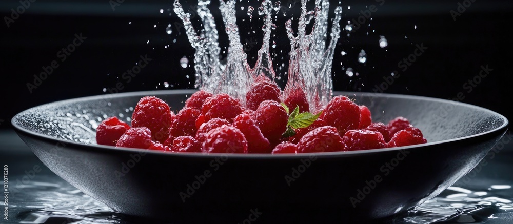 Poster vibrant red raspberries splashing in a dark bowl with water droplets against a sleek black backgroun