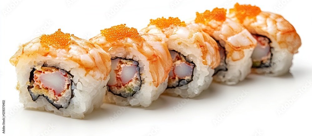 Poster sushi rolls with orange roe arranged in a line over a white background showcasing fresh seafood and 