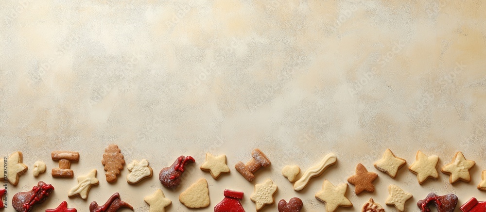 Poster Christmas cookie border design with various uniquely shaped cookies in warm beige tones on a subtle textured background, featuring ample copy space.
