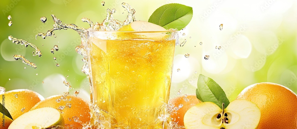 Aufkleber vibrant orange juice in a clear glass with fresh apple slices and whole oranges surround it, splashe