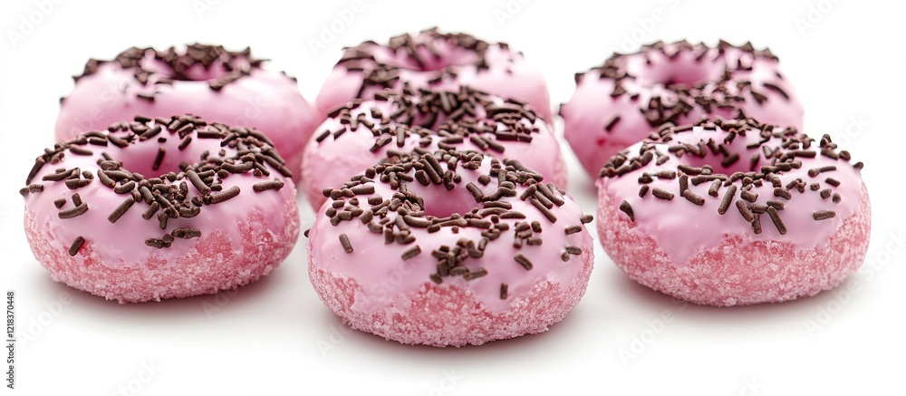 Poster pink donuts with chocolate sprinkles arranged in a circular layout on a clean white background highl