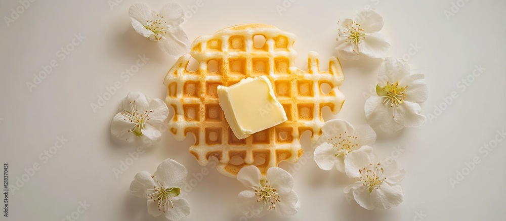 Aufkleber spring waffles presented from a top view, featuring a golden waffle with a butter square, surrounded
