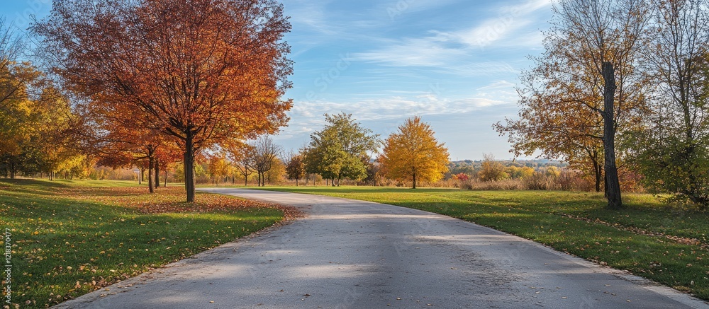 Poster colorful autumn trees line an empty asphalt road under a clear blue sky with soft clouds, inviting e