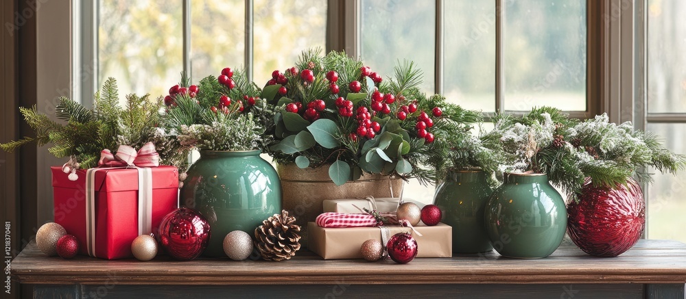 Poster Festive arrangement of greens and gifts featuring red berries and green pots on a rustic table with colorful ornaments in a cozy window setting