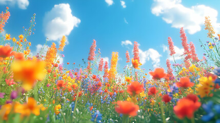 Vibrant Wildflower Meadow Under a Sunny Sky - Illustration