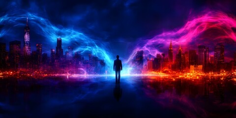A silhouette of a person stands between two contrasting urban landscapes, illuminated by blue and pink swirling light. Concept Urban Contrast, Silhouette Art, Bluish-Pink Lighting, Cityscapes
