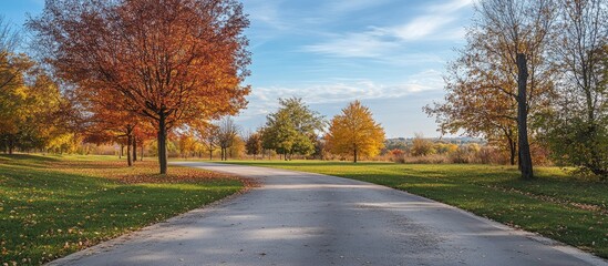 Obraz premium Colorful autumn trees line an empty asphalt road under a clear blue sky with soft clouds, inviting exploration in a serene scenic landscape.
