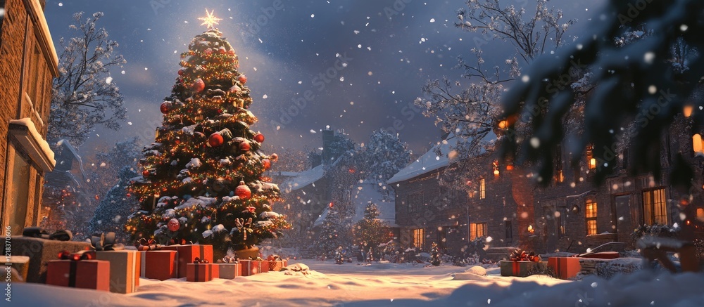 Aufkleber joyful winter scene with a brightly lit pine tree adorned with colorful ornaments surrounded by wrap