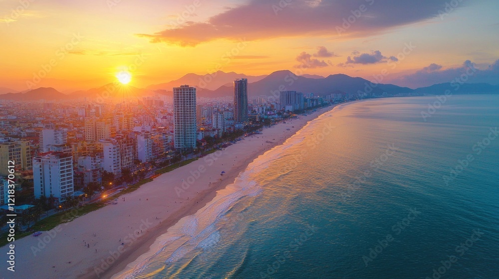 Poster golden rays of the sun break over a tropical beach, casting a warm glow on the gentle waves. the liv