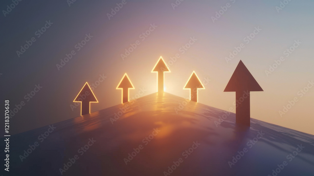 Poster abstract representation of growth with glowing arrows pointing upward, symbolizing progress and succ