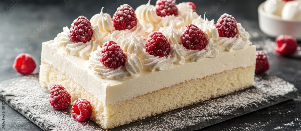 Poster Delicious rectangular white raspberry cake topped with red raspberries and cream on a textured black stone surface with scattered berries around.