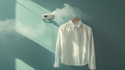 A sleek hand-held garment steamer removing wrinkles from a hanging shirt