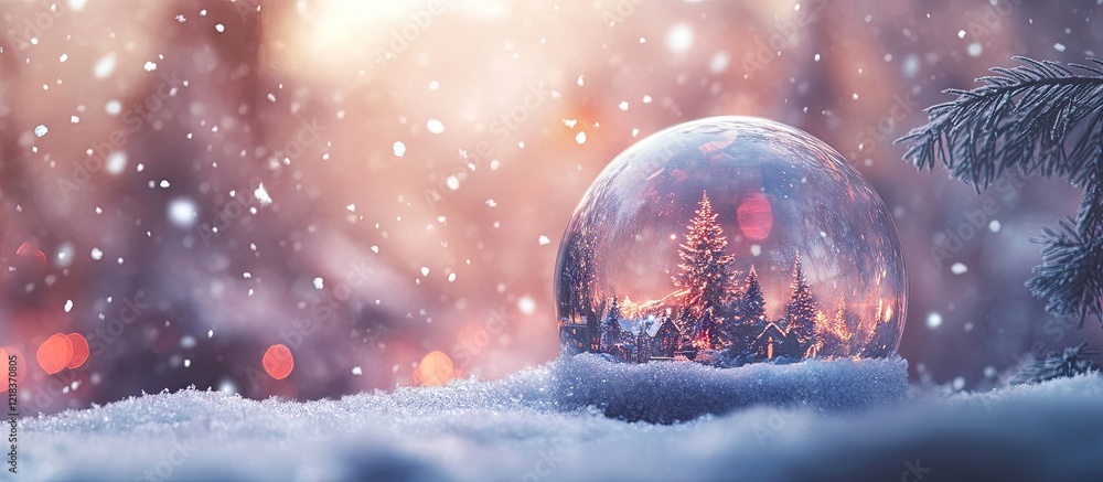 Poster Magical snow globe in snowy landscape with softly falling snowflakes and warm bokeh lights creating a festive winter ambiance in background