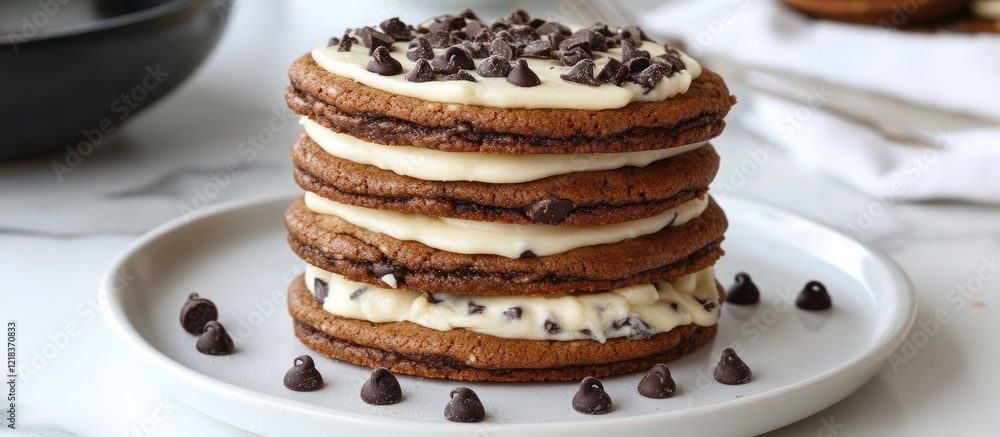Aufkleber stack of four layered vanilla chocolate chip cookies with creamy frosting topped with dark chocolate