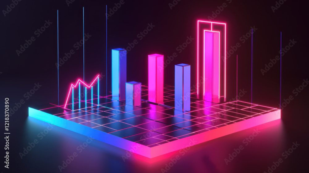 Poster vibrant 3d graph with neon colors showcasing data trends and statistics. bars and lines represent gr