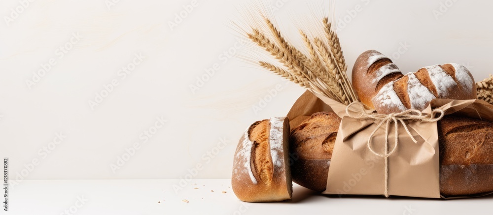 Aufkleber freshly baked rustic bread loaf wrapped in brown kraft paper with wheat stalks on a light cream back