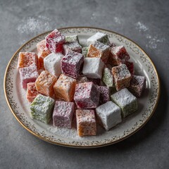 Turkish lokum (Turkish delight) in various flavors, dusted with powdered sugar, on a porcelain plate.