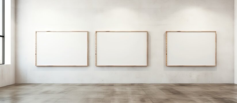Minimalist indoor gallery featuring three empty wooden frames on a white wall with natural light streaming in from the left side.