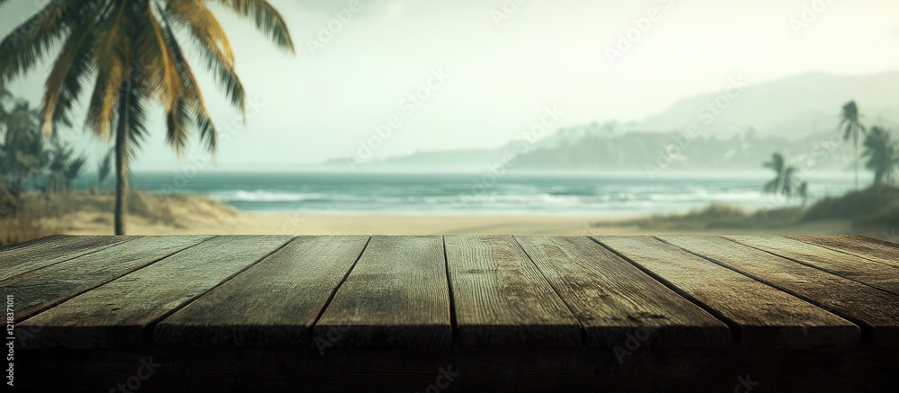 Poster wooden table in the foreground with a blurry ocean beach view and palm trees in the background creat
