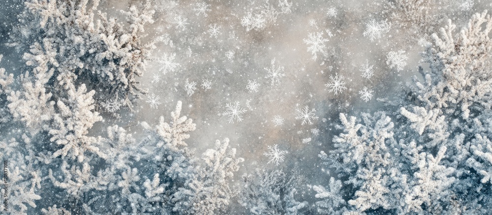 Poster delicate snowflakes cascade softly against a serene blue-gray backdrop, creating a tranquil winter s