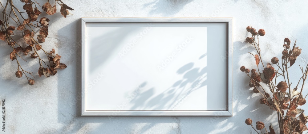 Leinwandbilder Stylish empty white wooden frame on a light marble background with soft shadows and dried foliage accents creating a serene art mockup setting