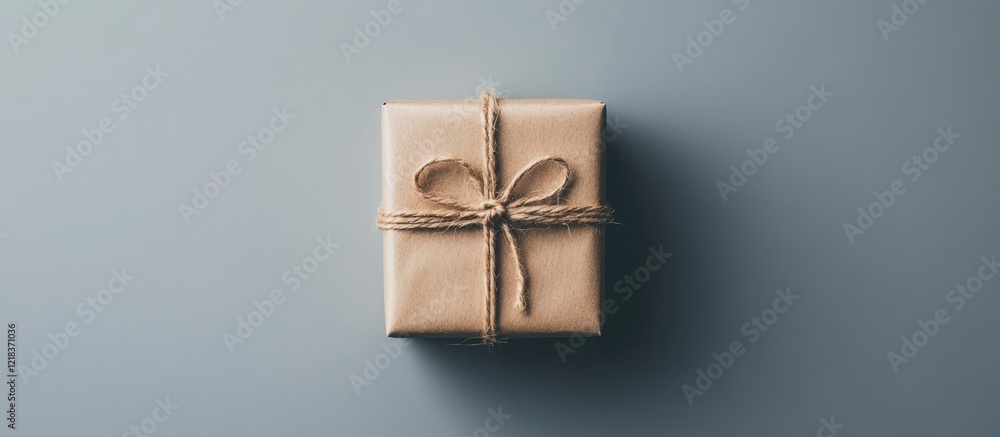Poster minimalist brown gift box tied with twine on a soft blue background top view highlighting simplicity
