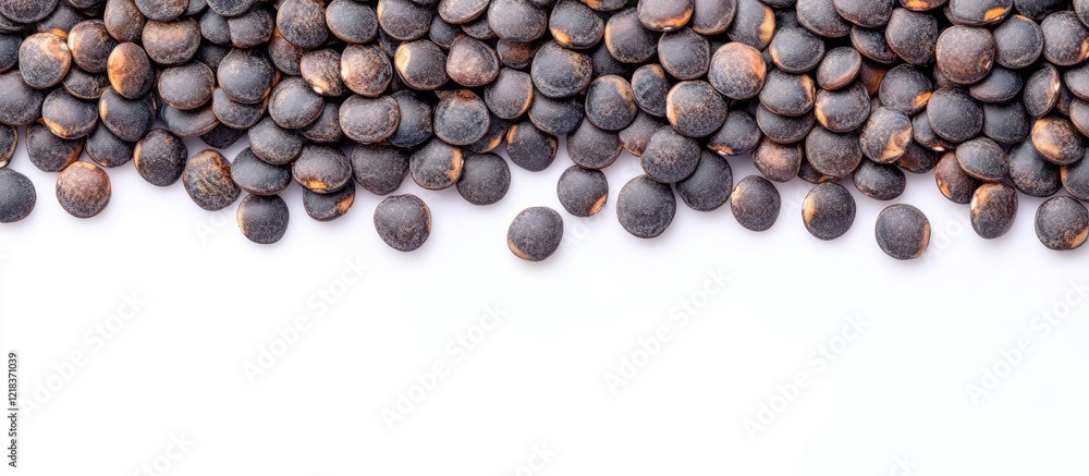 Poster black lentils scattered across a white background highlighting their smooth, shiny texture and deep 