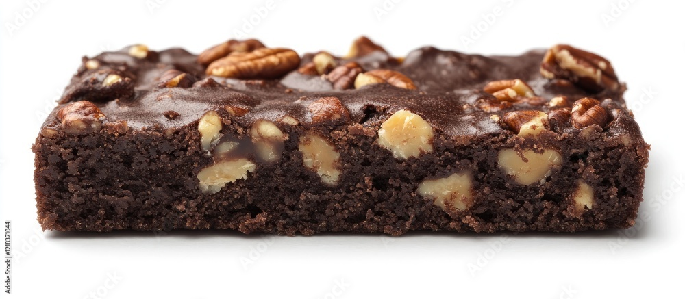 Aufkleber decadent chocolate brownie topped with crunchy nuts on a clean white background highlighting the ric