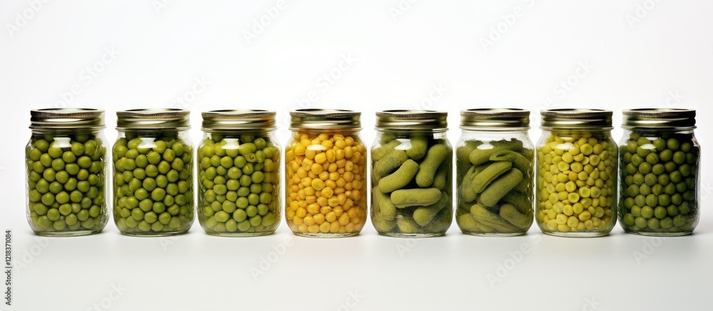 Poster assorted jars filled with green peas, yellow peas, and pickles lined up on a white background with m