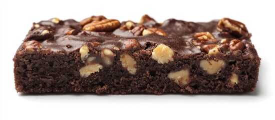 Decadent chocolate brownie topped with crunchy nuts on a clean white background highlighting the rich texture and inviting appearance of dessert.