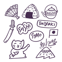 Charming and adorable icons representing the delightful food and rich culture of Japan