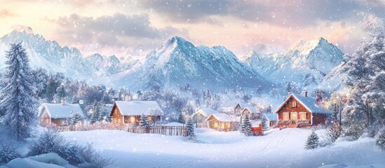 Fototapeta premium Serene winter landscape featuring traditional wooden houses blanketed in snow with majestic mountains in the background under a soft pastel sky.