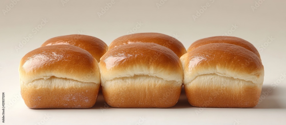 Poster freshly baked golden brown bread bun rolls arranged in a row on a light beige background showcasing 